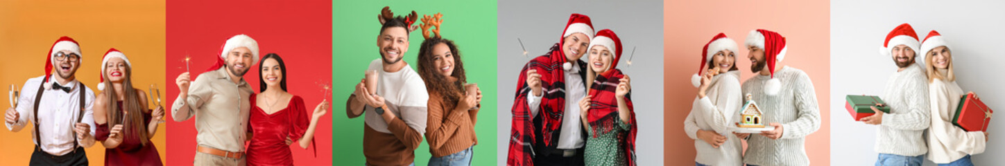 Happy couples celebrating Christmas on color background