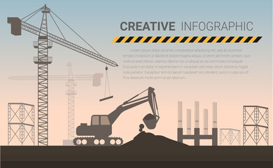 Crane and backhoe in construction site, vector background, Ready template for web site, Landing page and presentation of your company.