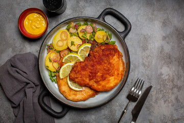 German lunch - schnitzel, potato salad with green beans and red onion,  mustard on dark grey background. Copy space.