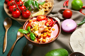 Bowl with tasty pozole soup and ingredients on green background