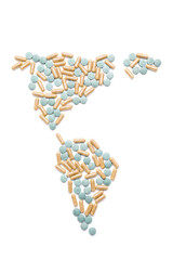 Continents North and South America made of vitamin K pills on white background