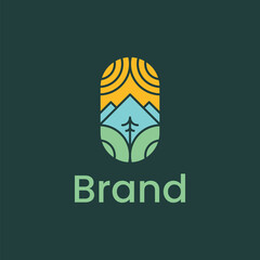 forest with mountain and tree line logo design vector.