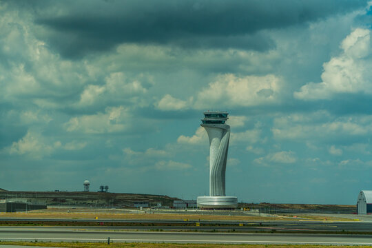 Arnavutköy, Istanbul, Turkey - August 2021,  Air Traffic Control Tower Of New Istanbul Airport With The New Airport Inside  The Airport
