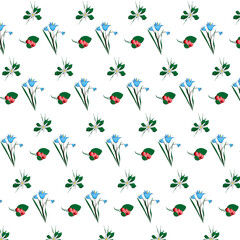 Fototapeta na wymiar Pattern of red berries on twigs with leaves, daisies and bluebells.3d.