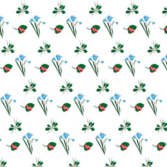 Pattern of red berries on twigs with leaves, daisies and bluebells.3d.