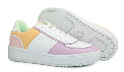 Pair of comfortable sports shoes on white background