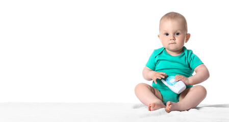 Cute little child with baby monitor on white background