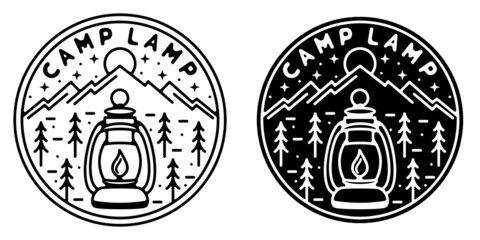camp lamp monoline vintage outdoor badge design
