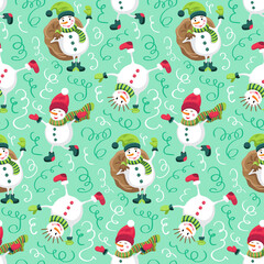 Christmas seamless pattern with snowman rushing to the holiday. A snowman with a bag of gifts in a hat, mittens and a scarf. Vector image is perfect for gift paper, patterns for clothes, invitation