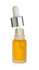 Bottle of essential oil with pipette on white background