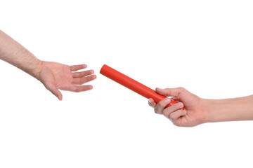 Woman passing baton to man on white background, closeup