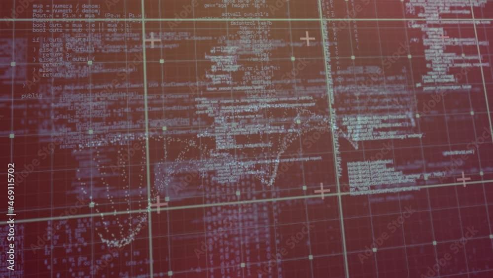Poster animation of blue grid and processing data with dna helix rotating on brown screen