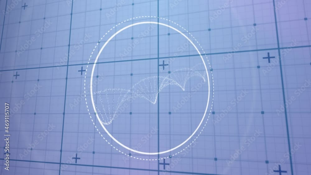 Poster animation of circular scanner with rotating dna helix over grid on grey background