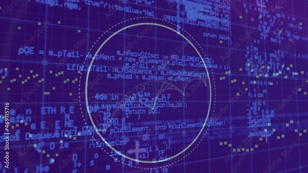 Poster animation of circular scanner with rotating dna helix over blue grid and processing data on purple