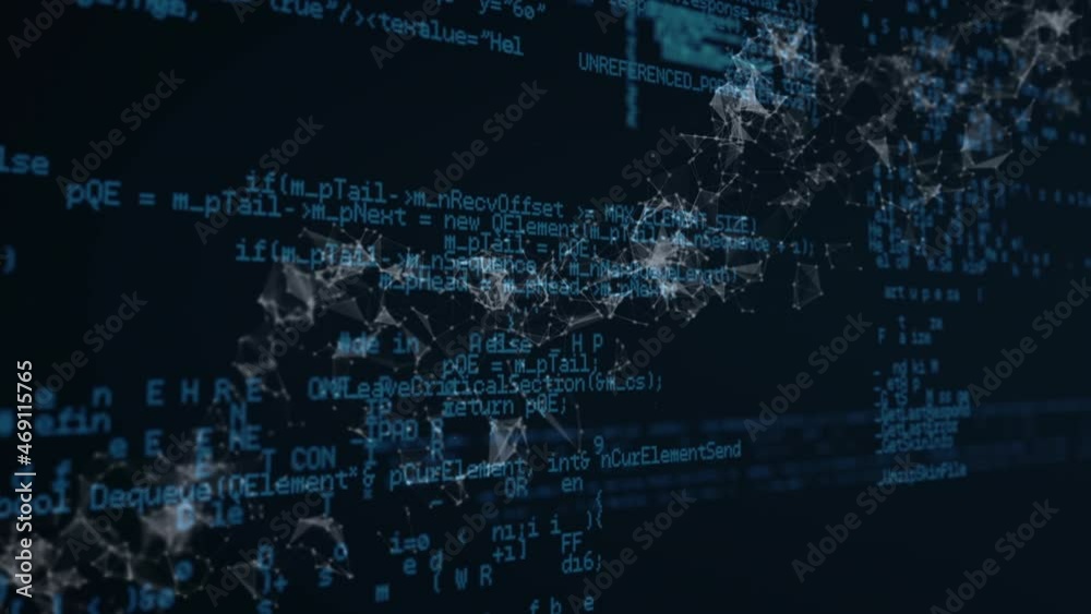 Poster animation of rotating particle structure over processing data, on black background