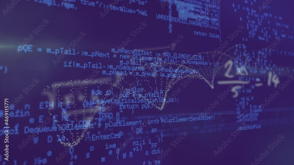 Poster animation of processing blue data and equations with dna helix rotating on blue screen