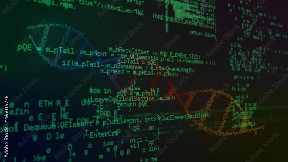 Poster animation of processing green data and colourful dna helix rotating on dark screen