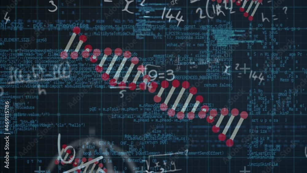 Poster animation of blue grid over rotating dna strands, equations and processing data on dark screen