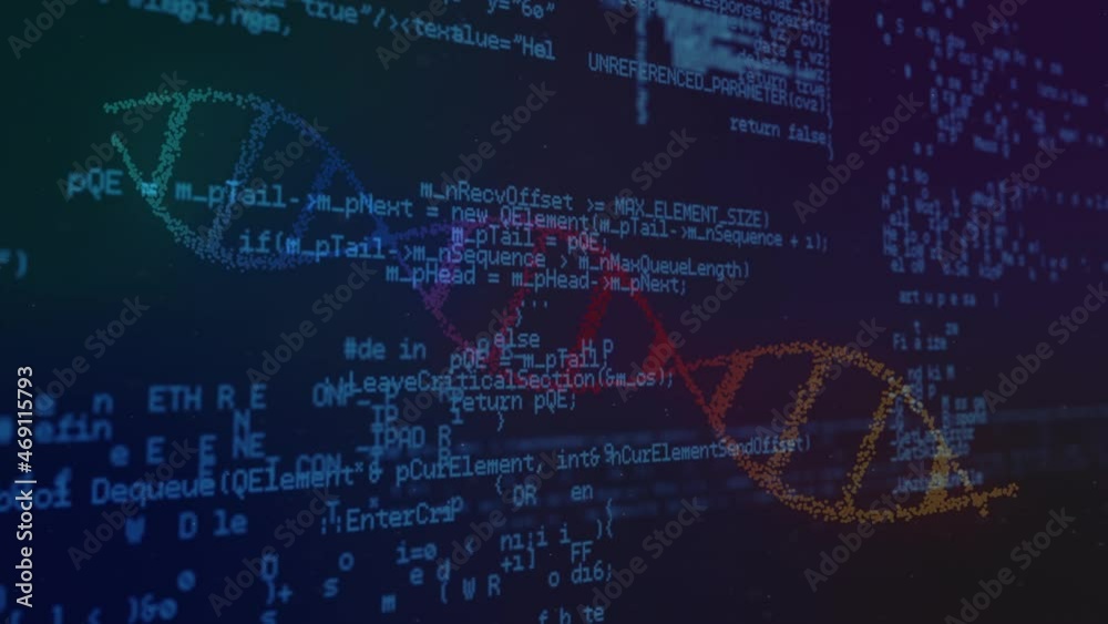 Poster animation of processing blue data and colourful dna helix rotating on dark screen