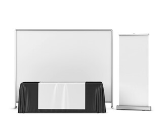 Blank tradeshow tablecloth with backdrop and rollup banners mockup