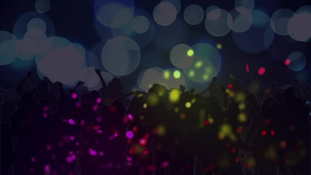 Animation of colourful light projections over dancing crowd, with white spotlights