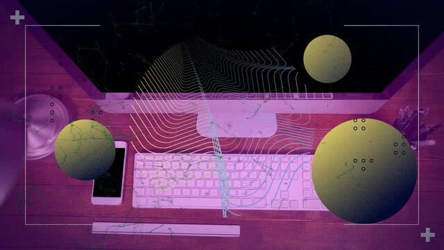 Animation of yellow spheres, parallel lines and processing data over computer on desk