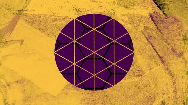 Animation of purple fireworks over circle cut out in dirty yellow paper, over purple hexagons