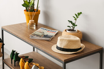 Houseplants, reed diffuser, magazines, hat and shoes on shelves near light wall in hallway