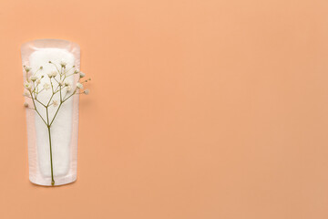 Menstrual pad and gypsophila flowers on color background