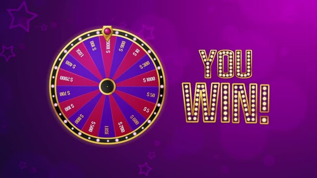 Casino winnings concept. Spinning wheel of fortune with various options. Gambling. Victory or defeat. Popup objects and glowing labels. Animated cartoon in high resolution. Purple background