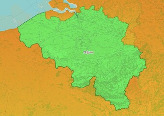 Belgium  map showing country highlighted in green color with rest of European countries in brown