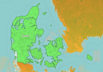Denmark  map showing country highlighted in green color with rest of European countries in brown
