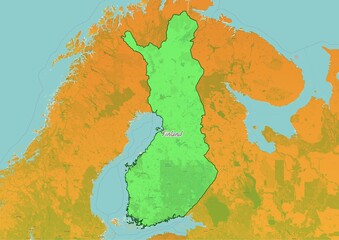 Finland  map showing country highlighted in green color with rest of European countries in brown