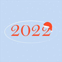 Fototapeta na wymiar 2022 year design template with new year santa claus hat . On blue snowy background. Minimalist design trendy for branding, banner, cover, card. Vector illustration.