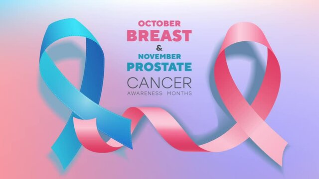 Breast and prostate cancer concept. Moving postcard with blue and pink ribbon symbolizing male and female health. Pop up poster for Cancer Day. Health care and treatment. Graphic animated cartoon