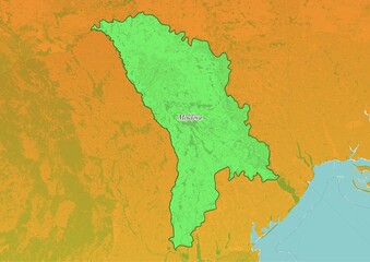 Moldova map showing country highlighted in green color with rest of European countries in brown