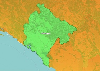 Montenegro map showing country highlighted in green color with rest of European countries in brown