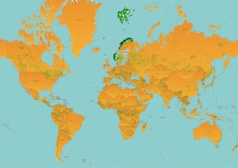 Norway map showing country highlighted in green color with rest of European countries in brown