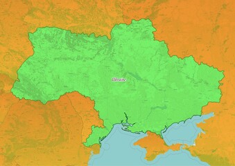 Ukraine map showing country highlighted in green color with rest of European countries in brown