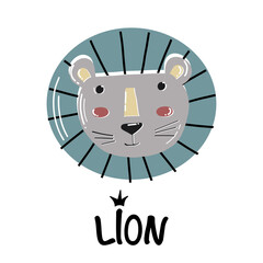 Scandi animal cute lion face on white background for greeting card, logo, design childish room in Scandinavian style