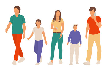 Fototapeta premium Set of men, woman, boy and girl, a group of walking people, dad, mom and children, different colors, cartoon character, vector silhouettes, design concept of flat icon, isolated on white 