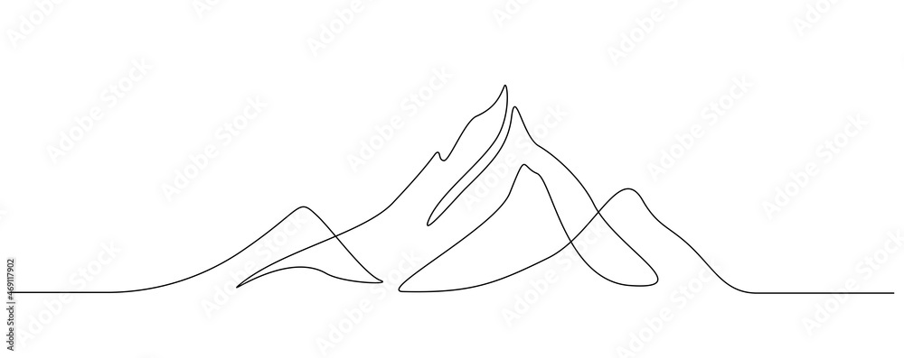Fototapete One continuous line drawing of mountain range landscape. Top view of mounts in simple linear style. Adventure winter sports concept isolated on white background. Doodle vector illustration
