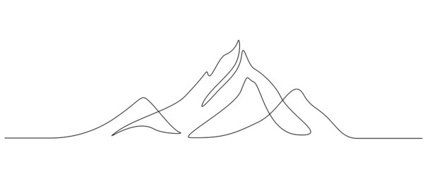 Un dessin au trait continu du paysage de la chaîne de montagnes. Vue de dessus des montures dans un style linéaire simple. Concept de sports d& 39 hiver aventure isolé sur fond blanc. Illustration vectorielle de griffonnage