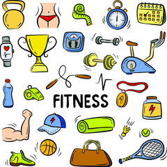 Hand drawn doodle fitness icons set. Vector colorful illustration