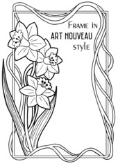 frame in art nouveau style with daffodils in black and white colours 