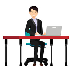 Cute beautiful businessman freelancer character siting on desk with modern office chair and table
