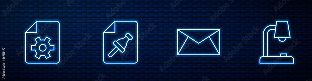 Poster set line mail and e-mail, document settings, note paper with push button and table lamp. glowing neo