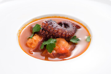 Braised octopus in tomato soup with parsley
