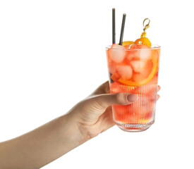 Woman holding glass of negroni cocktail on white background