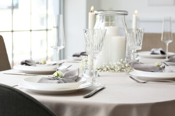 Fototapeta premium Beautiful table setting for wedding celebration in restaurant